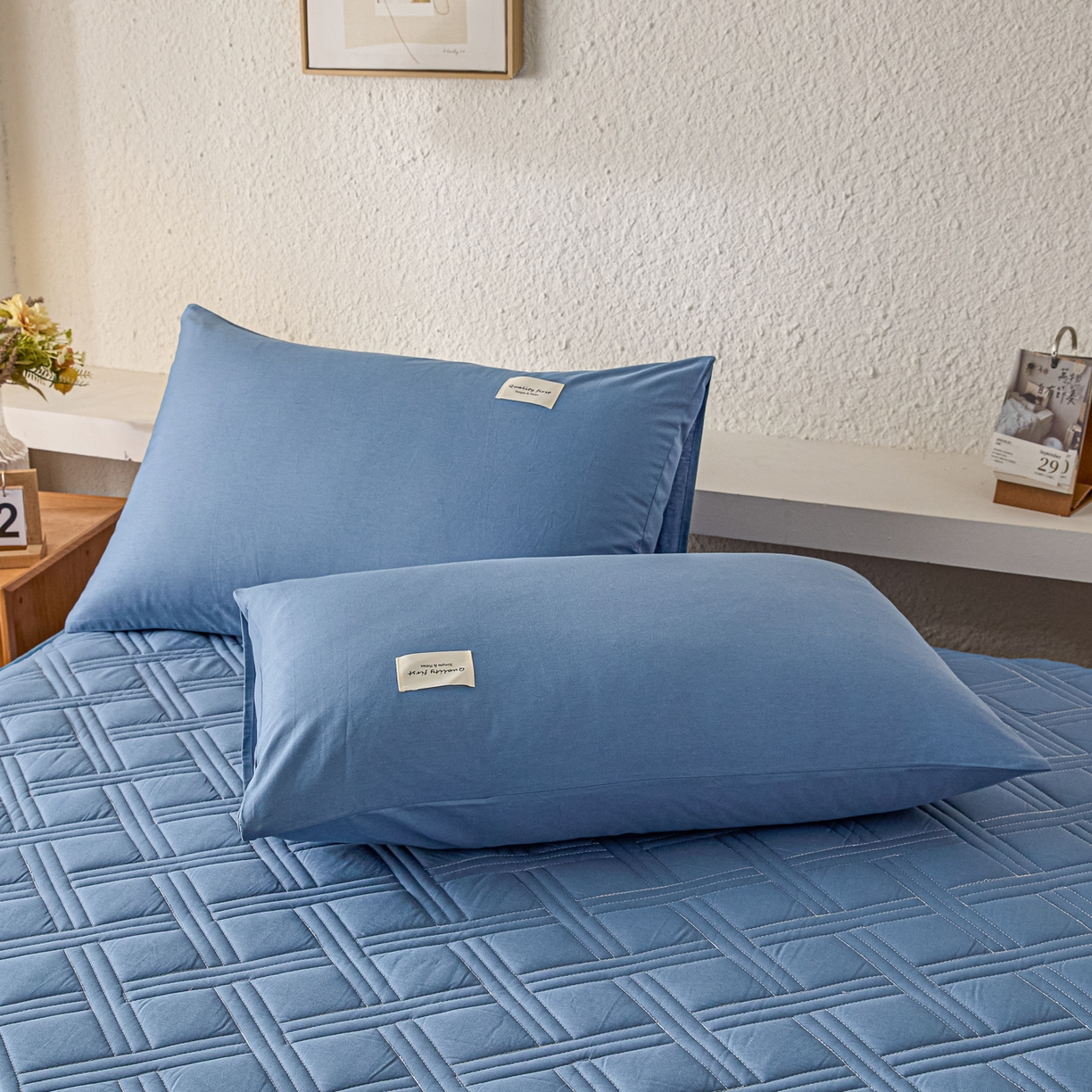 91家纺网 家纺一手货源 找家纺 衿成家纺 2025新款全棉夹棉单床笠床笠单件方格子 方格子-宝石蓝