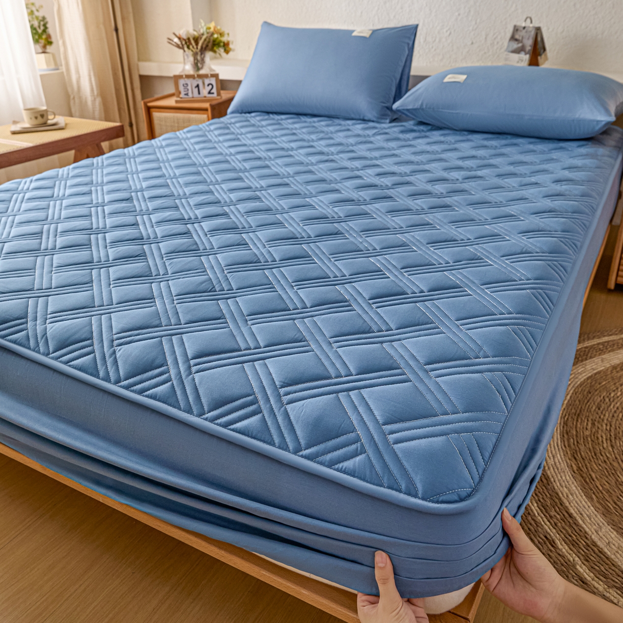 91家纺网 家纺一手货源 找家纺 衿成家纺 2025新款全棉夹棉单床笠床笠单件方格子 方格子-宝石蓝