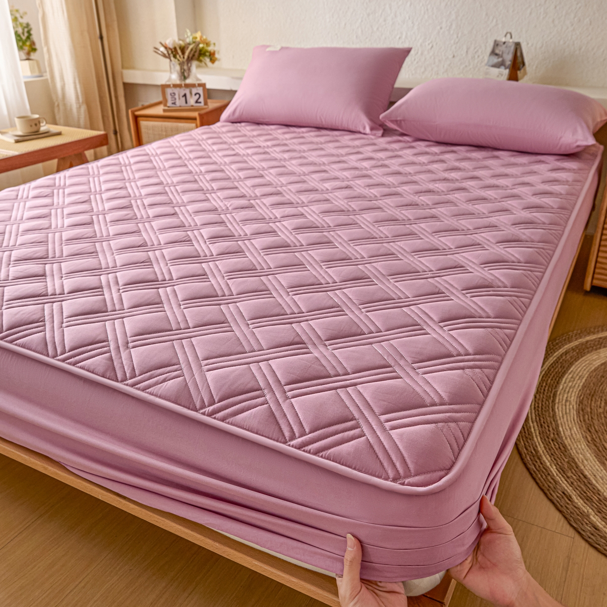 91家纺网 家纺一手货源 找家纺 衿成家纺 2025新款全棉夹棉单床笠床笠单件方格子 方格子-紫粉