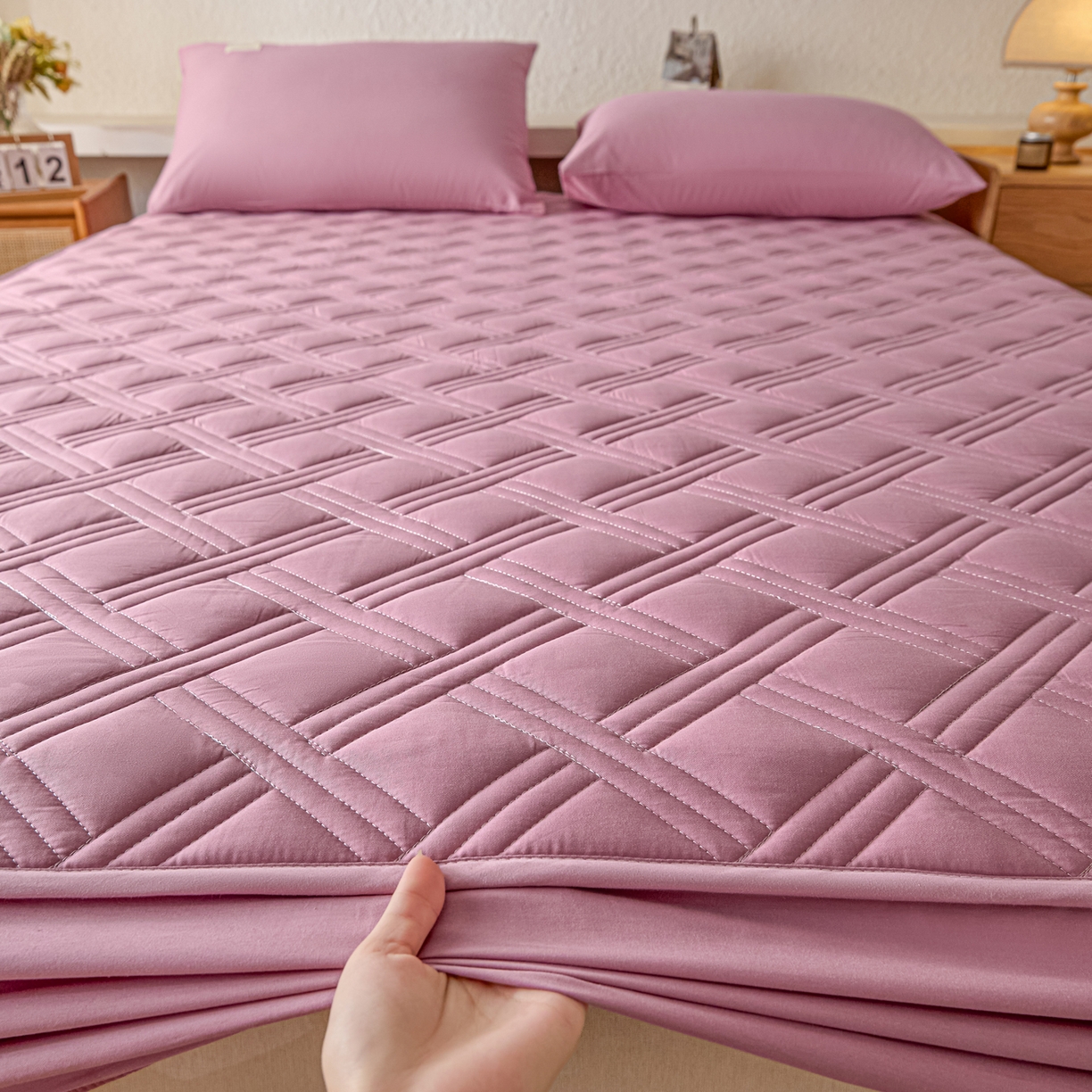 91家纺网 家纺一手货源 找家纺 衿成家纺 2025新款全棉夹棉单床笠床笠单件方格子 方格子-紫粉