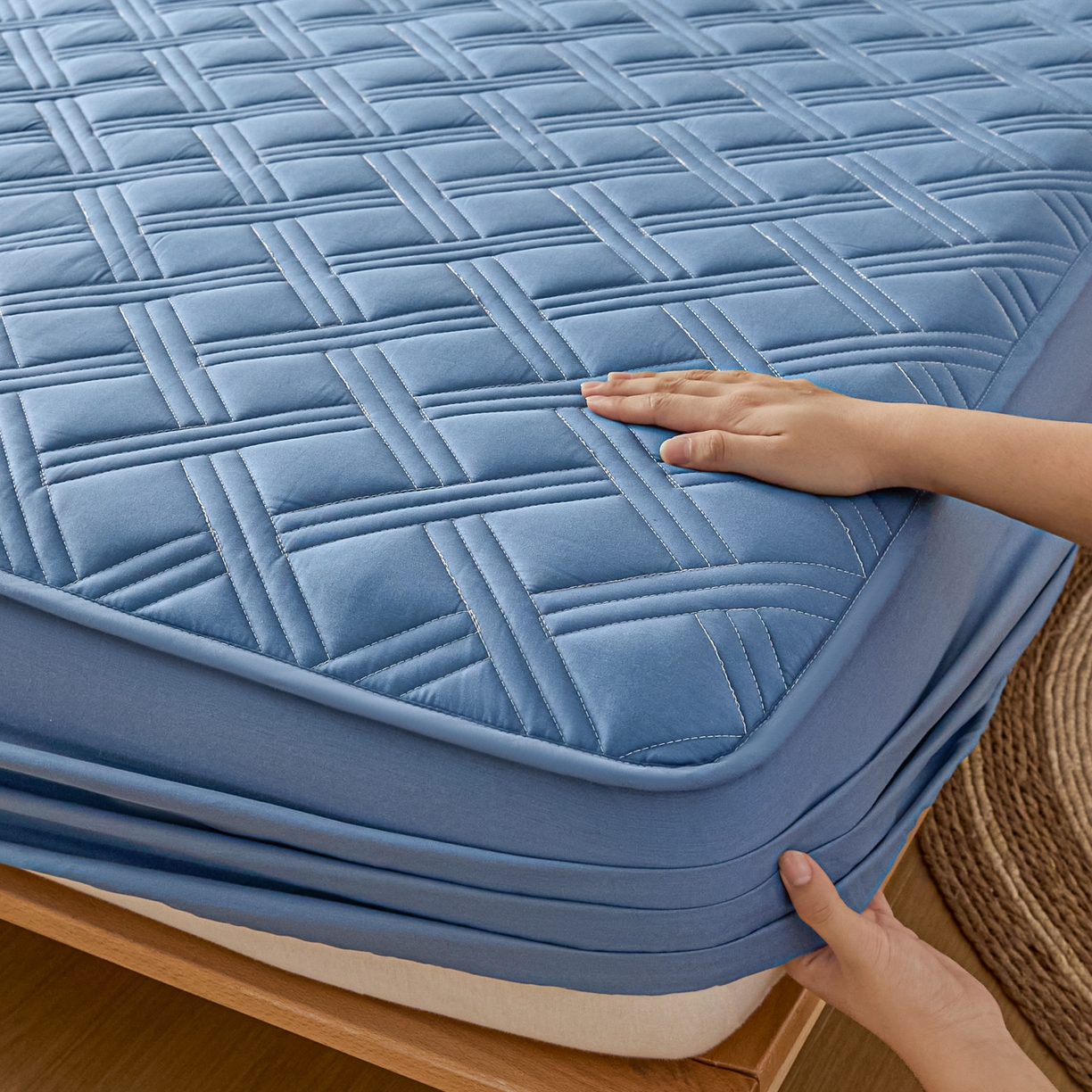 91家纺网 家纺一手货源 找家纺 衿成家纺 2025新款全棉夹棉单床笠床笠单件方格子 方格子-宝石蓝