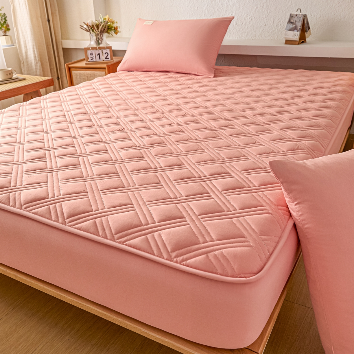 91家纺网 家纺一手货源 找家纺 衿成家纺 2025新款全棉夹棉单床笠床笠单件方格子 方格子-淡粉