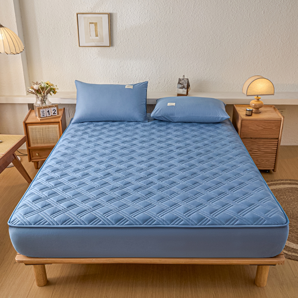 91家纺网 家纺一手货源 找家纺 衿成家纺 2025新款全棉夹棉单床笠床笠单件方格子 方格子-宝石蓝