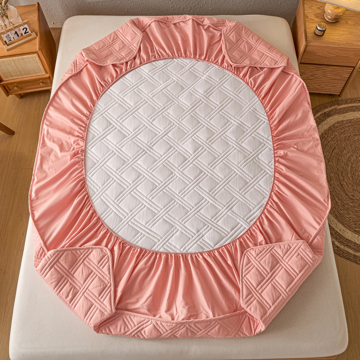 91家纺网 家纺一手货源 找家纺 衿成家纺 2025新款全棉夹棉单床笠床笠单件方格子 方格子-淡粉