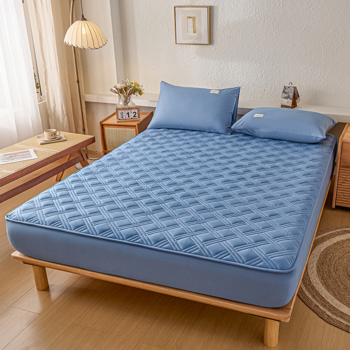 91家纺网 家纺一手货源 找家纺 衿成家纺 2025新款全棉夹棉单床笠床笠单件方格子 方格子-宝石蓝