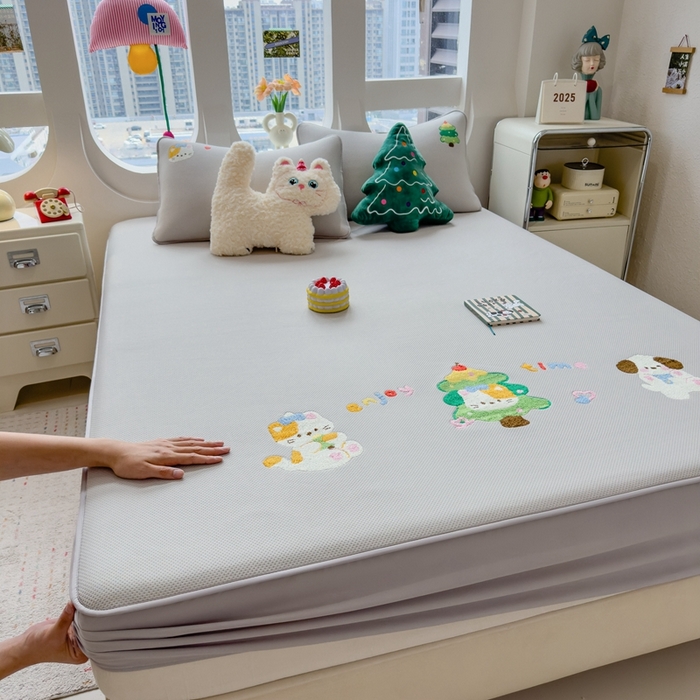 澜妃 2025新款彩绒棉毛巾绣夹棉床笠单品床笠单件单床笠 萌趣伙伴-高级灰