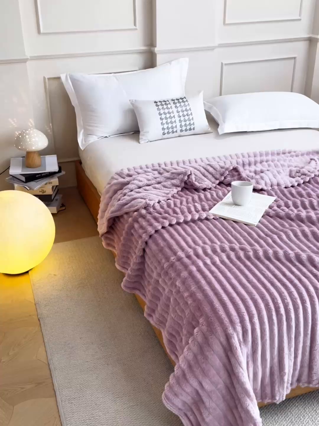 91家纺网 家纺一手货源 找家纺 乐窝家纺仓储 2025新款跨境外贸直播热品兔毛绒高克重多功能抽条毛毯盖毯午睡毯 紫色