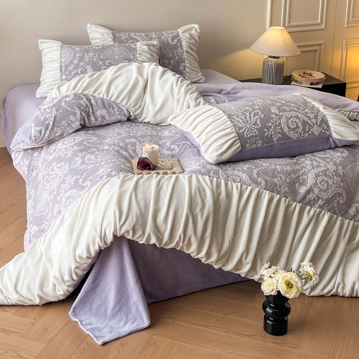 91家纺网 家纺一手货源 找家纺 慕澄家纺 2025新款高克重泡泡袖琢色雕花牛奶绒四件套 紫嫣