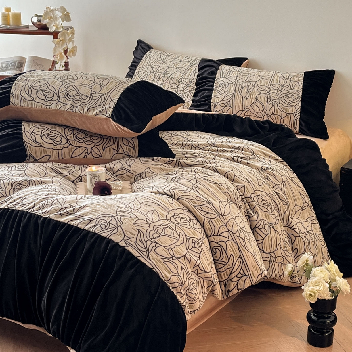 91家纺网 家纺一手货源 找家纺 慕澄家纺 2025新款高克重泡泡袖琢色雕花牛奶绒四件套 玫瑰