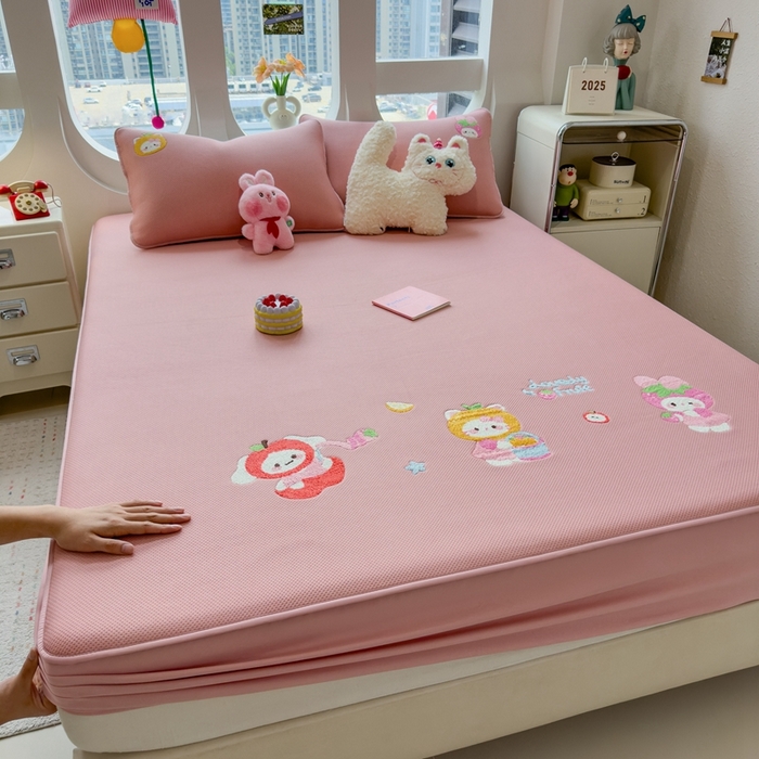 澜妃 2025新款彩绒棉毛巾绣夹棉床笠单品床笠单件单床笠 甜心派对-绯云粉