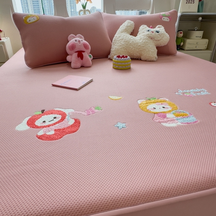 91家纺网 家纺一手货源 找家纺 澜妃 2025新款彩绒棉毛巾绣夹棉床笠单品床笠单件单床笠 甜心派对-绯云粉