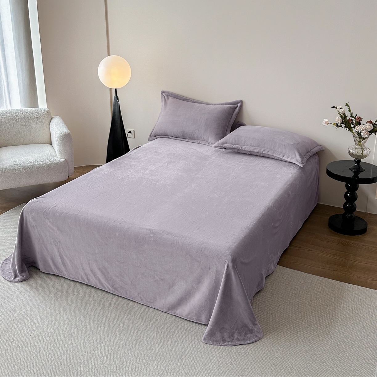91家纺网 家纺一手货源 找家纺 禧禾 2025新款A类300G醇厚速暖绒四件套牛奶绒四件套 淡雅紫