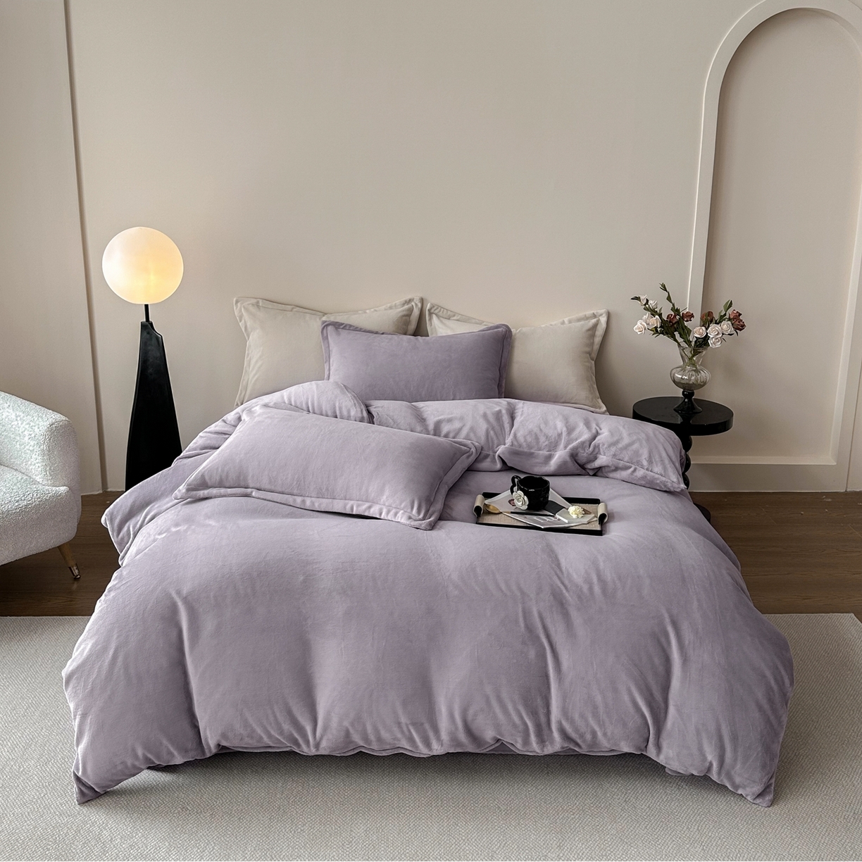 91家纺网 家纺一手货源 找家纺 禧禾 2025新款A类300G醇厚速暖绒四件套牛奶绒四件套 淡雅紫