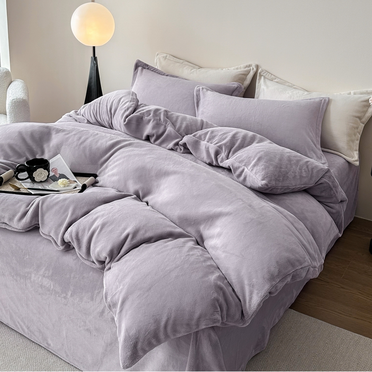 91家纺网 家纺一手货源 找家纺 禧禾 2025新款A类300G醇厚速暖绒四件套牛奶绒四件套 淡雅紫