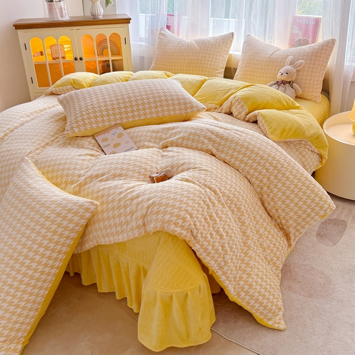 铠畅 2025新款牛奶绒碎花床单床盖四件套 花妖系列云裳-千鸟格黄