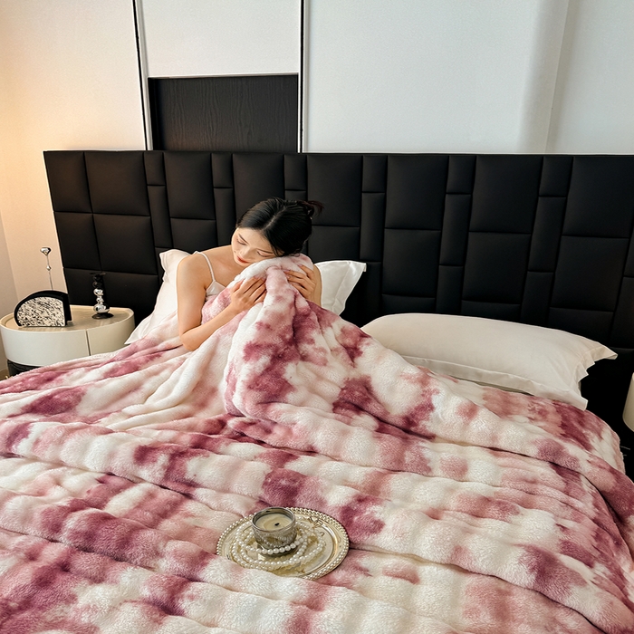 91家纺网 家纺一手货源 找家纺 乐窝家纺仓储 2025新款炫彩水墨画仿兔毛绒大泡泡绒印花法兰绒毛毯毯子大理石纹休闲-水墨画 水墨画-红