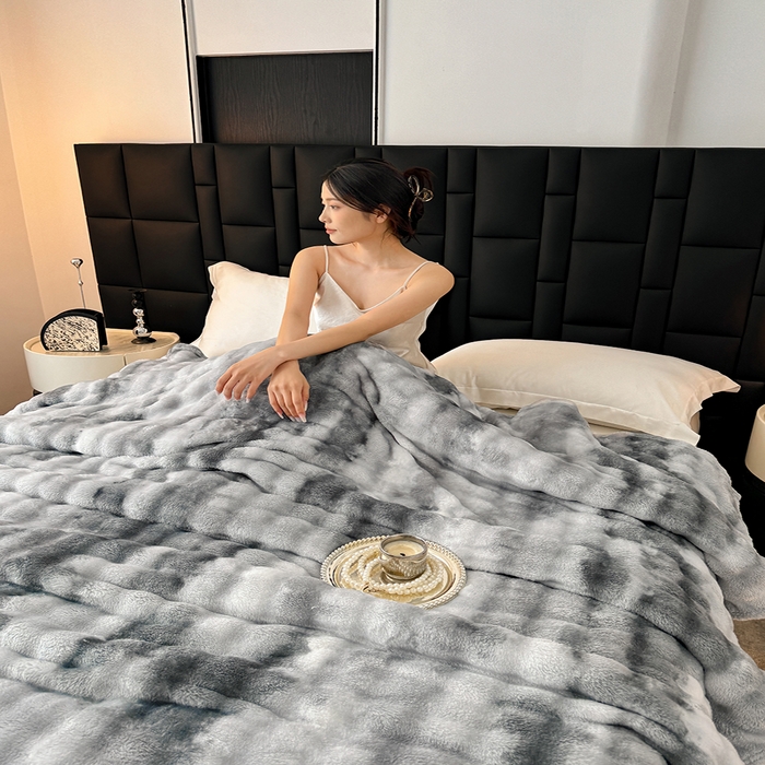 91家纺网 家纺一手货源 找家纺 乐窝家纺仓储 2025新款炫彩水墨画仿兔毛绒大泡泡绒印花法兰绒毛毯毯子大理石纹休闲-水墨画 水墨画-灰