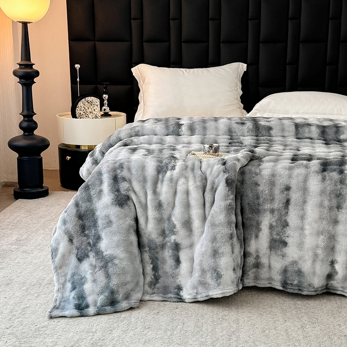 91家纺网 家纺一手货源 找家纺 乐窝家纺仓储 2025新款炫彩水墨画仿兔毛绒大泡泡绒印花法兰绒毛毯毯子大理石纹休闲-水墨画 水墨画-灰