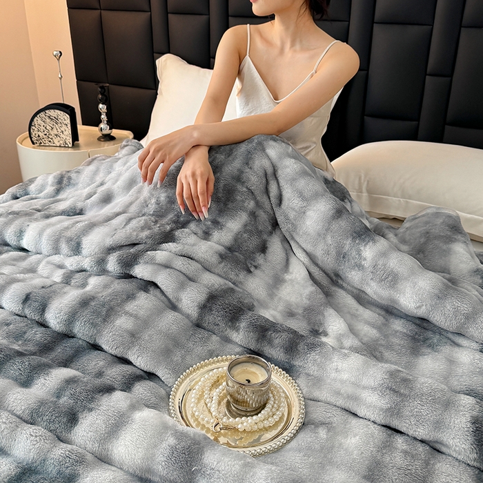 91家纺网 家纺一手货源 找家纺 乐窝家纺仓储 2025新款炫彩水墨画仿兔毛绒大泡泡绒印花法兰绒毛毯毯子大理石纹休闲-水墨画 水墨画-灰