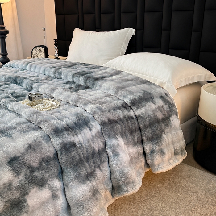 91家纺网 家纺一手货源 找家纺 乐窝家纺仓储 2025新款炫彩水墨画仿兔毛绒大泡泡绒印花法兰绒毛毯毯子大理石纹休闲-水墨画 水墨画-灰