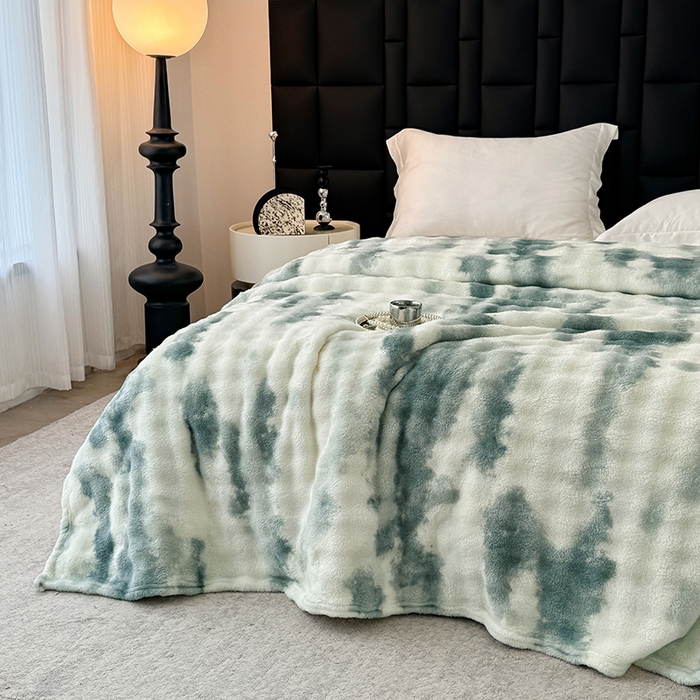 91家纺网 家纺一手货源 找家纺 乐窝家纺仓储 2025新款炫彩水墨画仿兔毛绒大泡泡绒印花法兰绒毛毯毯子大理石纹休闲-水墨画 水墨画-绿