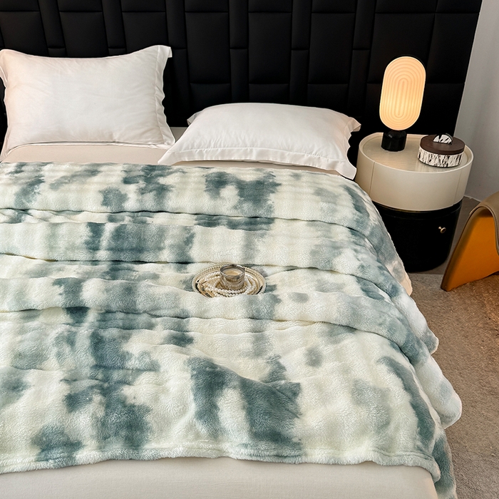 91家纺网 家纺一手货源 找家纺 乐窝家纺仓储 2025新款炫彩水墨画仿兔毛绒大泡泡绒印花法兰绒毛毯毯子大理石纹休闲-水墨画 水墨画-绿