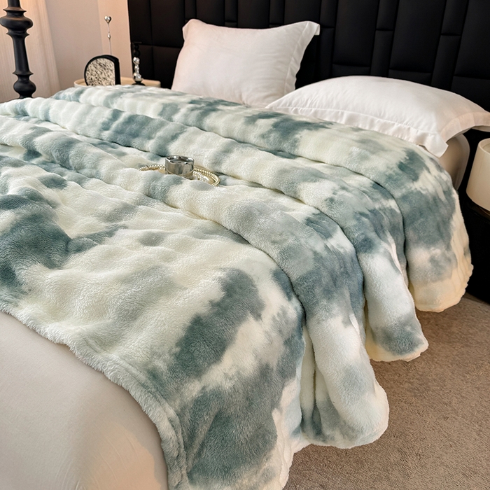 91家纺网 家纺一手货源 找家纺 乐窝家纺仓储 2025新款炫彩水墨画仿兔毛绒大泡泡绒印花法兰绒毛毯毯子大理石纹休闲-水墨画 水墨画-绿