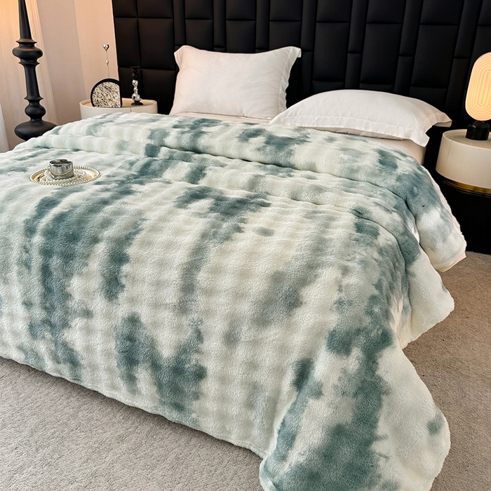 91家纺网 家纺一手货源 找家纺 乐窝家纺仓储 2025新款炫彩水墨画仿兔毛绒大泡泡绒印花法兰绒毛毯毯子大理石纹休闲-水墨画 水墨画-绿