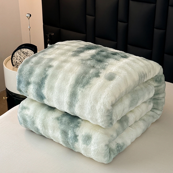 91家纺网 家纺一手货源 找家纺 乐窝家纺仓储 2025新款炫彩水墨画仿兔毛绒大泡泡绒印花法兰绒毛毯毯子大理石纹休闲-水墨画 水墨画-绿