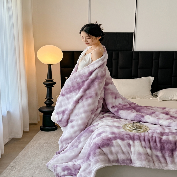 91家纺网 家纺一手货源 找家纺 乐窝家纺仓储 2025新款炫彩水墨画仿兔毛绒大泡泡绒印花法兰绒毛毯毯子大理石纹休闲-水墨画 水墨画-紫