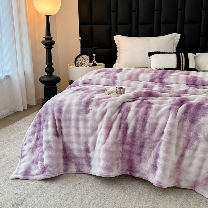 91家纺网 家纺一手货源 找家纺 乐窝家纺仓储 2025新款炫彩水墨画仿兔毛绒大泡泡绒印花法兰绒毛毯毯子大理石纹休闲-水墨画 水墨画-紫