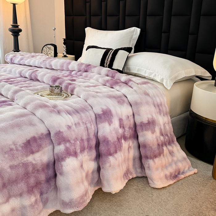 91家纺网 家纺一手货源 找家纺 乐窝家纺仓储 2025新款炫彩水墨画仿兔毛绒大泡泡绒印花法兰绒毛毯毯子大理石纹休闲-水墨画 水墨画-紫