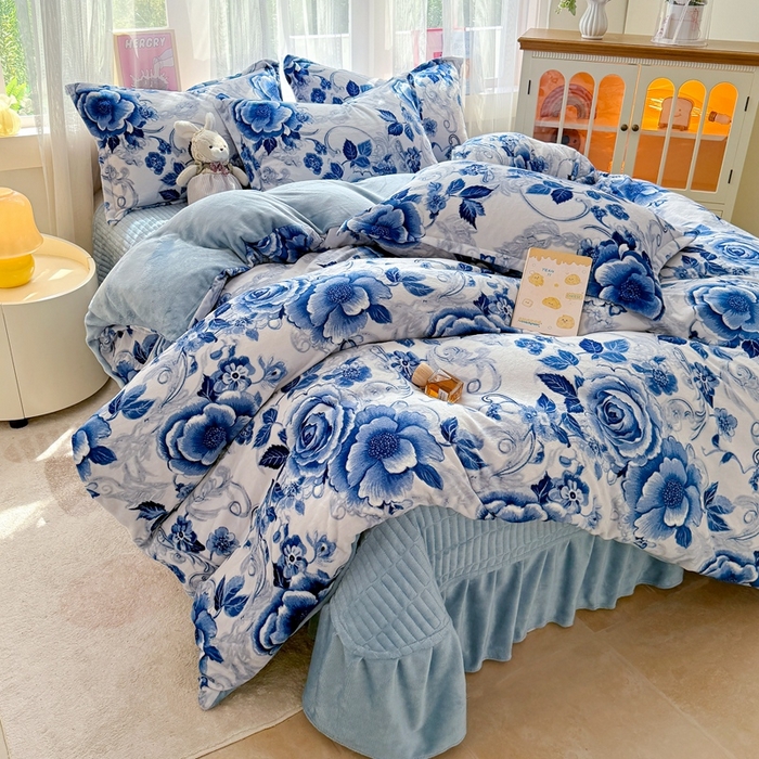 铠畅 2025新款牛奶绒碎花床单床盖四件套 花妖系列云裳-青瓷玫瑰