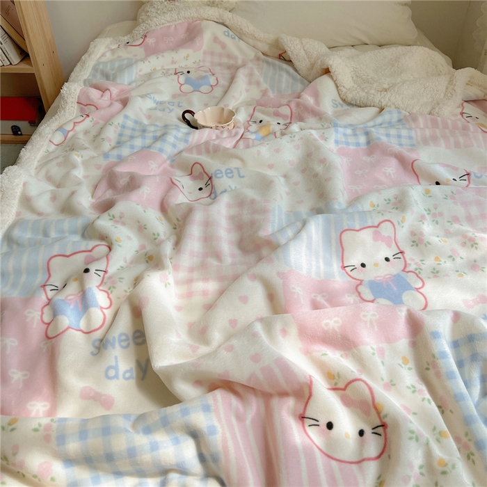 91家纺网 家纺一手货源 找家纺 葡萄家 2025新款A类ins小清新少女可爱奶油猫咪卡通加厚牛奶绒羊羔绒多功能毛毯毯子 绒毛毯-MT花小猫