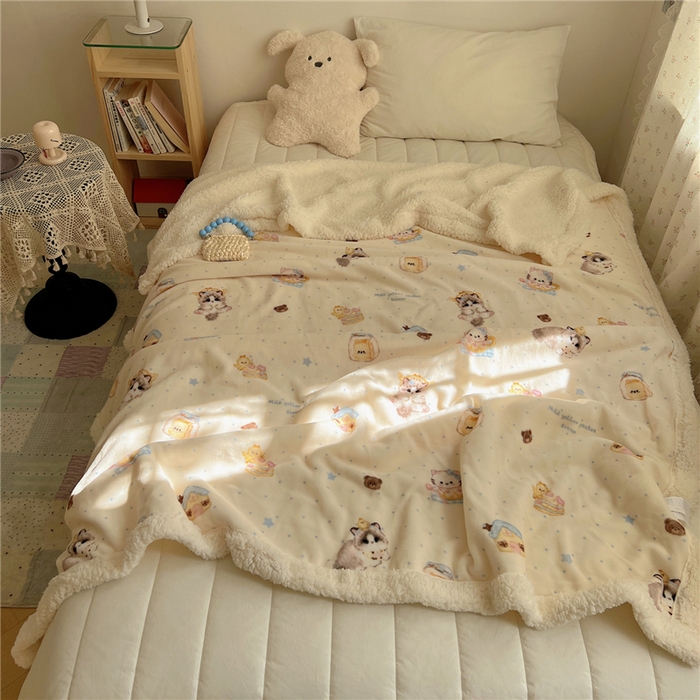 91家纺网 家纺一手货源 找家纺 （总）葡萄家 2025新款A类ins小清新少女可爱奶油猫咪卡通加厚牛奶绒羊羔绒多功能毛毯毯子