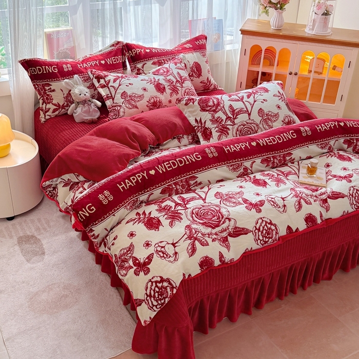 91家纺网 家纺一手货源 找家纺 铠畅 2025新款牛奶绒碎花床单床盖四件套 花妖系列云裳-喜上枝头