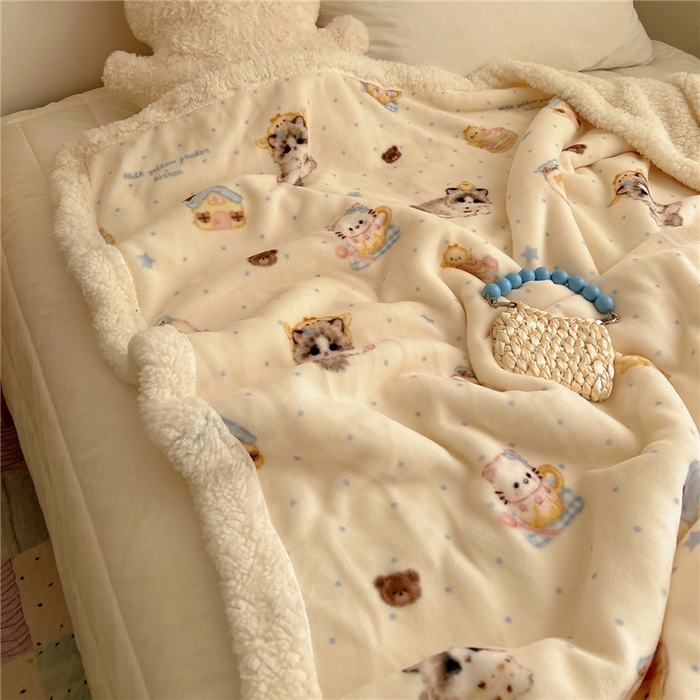 91家纺网 家纺一手货源 找家纺 葡萄家 2025新款A类ins小清新少女可爱奶油猫咪卡通加厚牛奶绒羊羔绒多功能毛毯毯子 绒毛毯-MT公主喵