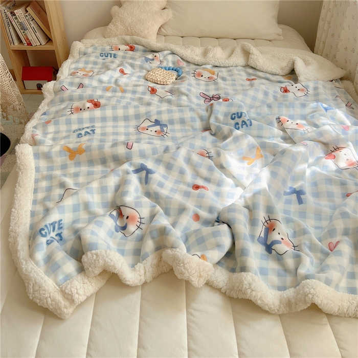 91家纺网 家纺一手货源 找家纺 葡萄家 2025新款A类ins小清新少女可爱奶油猫咪卡通加厚牛奶绒羊羔绒多功能毛毯毯子 绒毛毯-MT蓝格喵喵