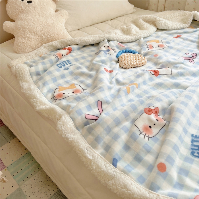 91家纺网 家纺一手货源 找家纺 葡萄家 2025新款A类ins小清新少女可爱奶油猫咪卡通加厚牛奶绒羊羔绒多功能毛毯毯子 绒毛毯-MT蓝格喵喵