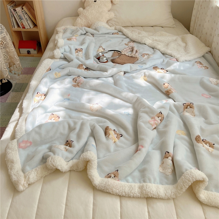 葡萄家 2025新款A类ins小清新少女可爱奶油猫咪卡通加厚牛奶绒羊羔绒多功能毛毯毯子 绒毛毯-MT蓝色公主猫