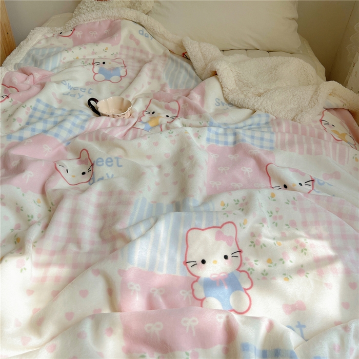 91家纺网 家纺一手货源 找家纺 葡萄家 2025新款A类ins小清新少女可爱奶油猫咪卡通加厚牛奶绒羊羔绒多功能毛毯毯子 绒毛毯-MT花小猫