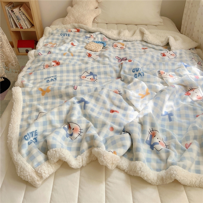 葡萄家 2025新款A类ins小清新少女可爱奶油猫咪卡通加厚牛奶绒羊羔绒多功能毛毯毯子 绒毛毯-MT蓝格喵喵