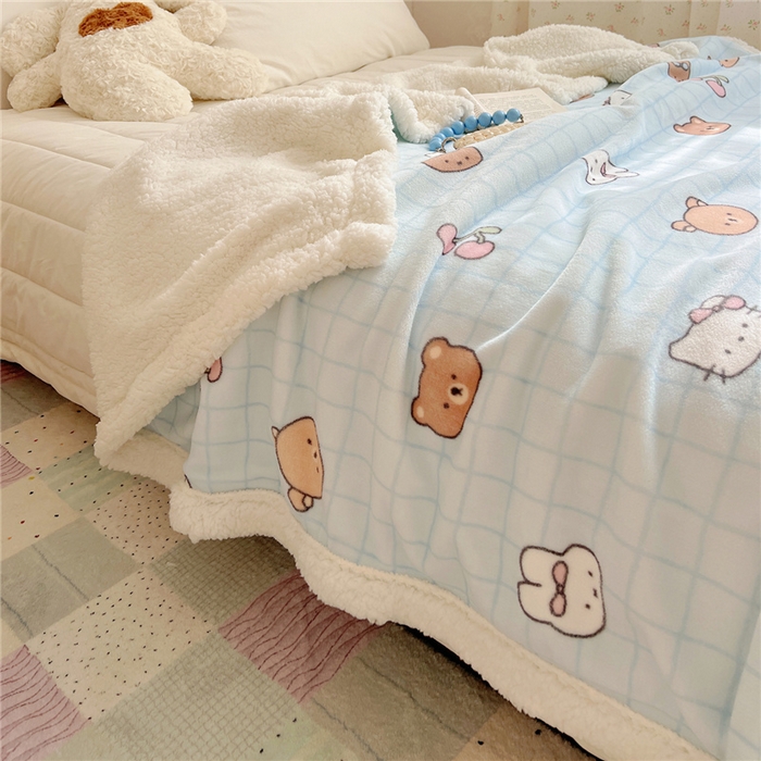 91家纺网 家纺一手货源 找家纺 葡萄家 2025新款A类ins小清新少女可爱奶油猫咪卡通加厚牛奶绒羊羔绒多功能毛毯毯子 绒毛毯-MT蓝格熊兔