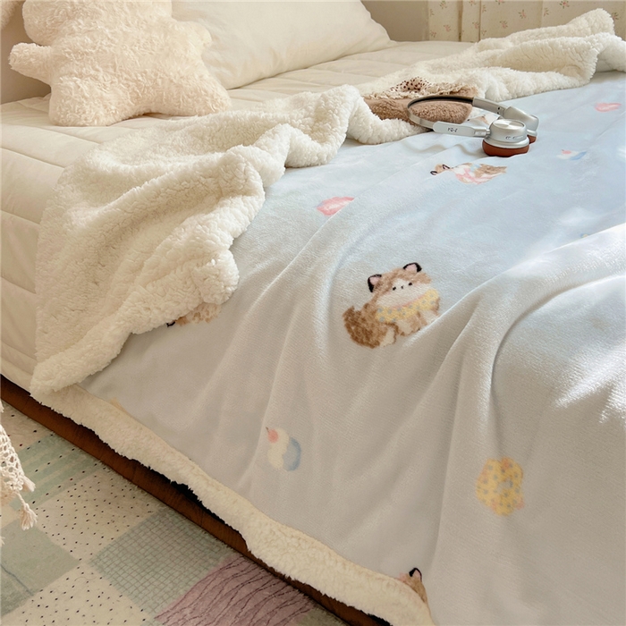 91家纺网 家纺一手货源 找家纺 葡萄家 2025新款A类ins小清新少女可爱奶油猫咪卡通加厚牛奶绒羊羔绒多功能毛毯毯子 绒毛毯-MT蓝色公主猫