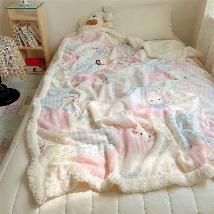 91家纺网 家纺一手货源 找家纺 葡萄家 2025新款A类ins小清新少女可爱奶油猫咪卡通加厚牛奶绒羊羔绒多功能毛毯毯子 绒毛毯-MT花小猫