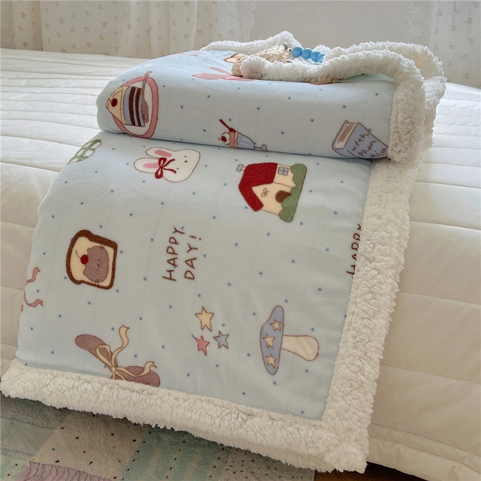 91家纺网 家纺一手货源 找家纺 葡萄家 2025新款A类ins小清新少女可爱奶油猫咪卡通加厚牛奶绒羊羔绒多功能毛毯毯子 绒毛毯-MT蓝色日记