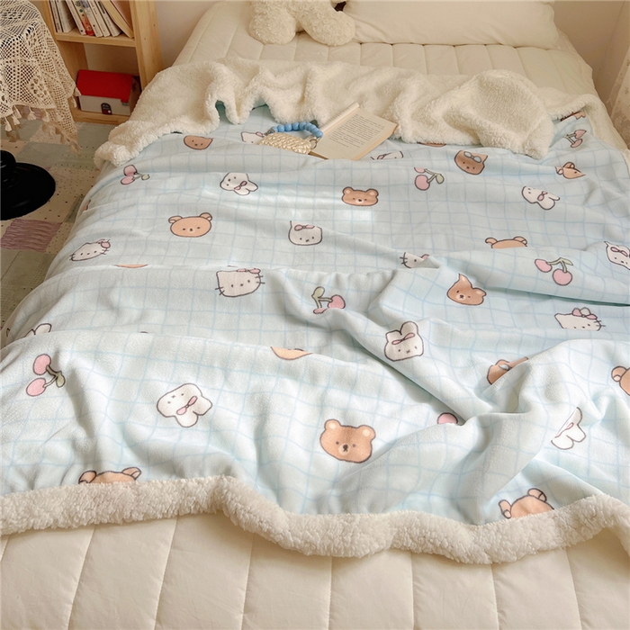 91家纺网 家纺一手货源 找家纺 葡萄家 2025新款A类ins小清新少女可爱奶油猫咪卡通加厚牛奶绒羊羔绒多功能毛毯毯子 绒毛毯-MT蓝格熊兔