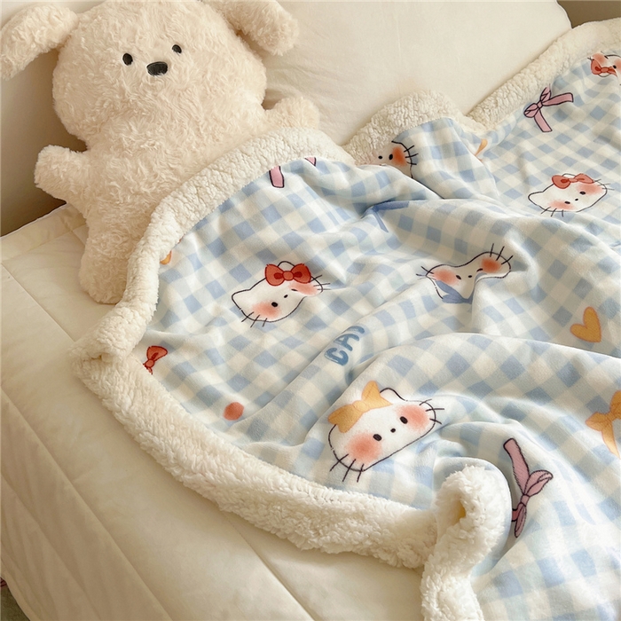 91家纺网 家纺一手货源 找家纺 葡萄家 2025新款A类ins小清新少女可爱奶油猫咪卡通加厚牛奶绒羊羔绒多功能毛毯毯子 绒毛毯-MT蓝格喵喵