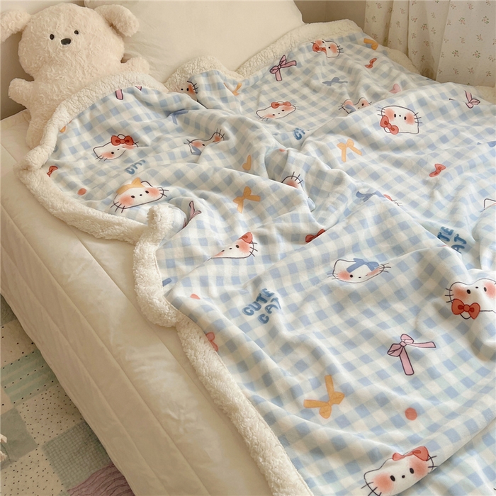 91家纺网 家纺一手货源 找家纺 葡萄家 2025新款A类ins小清新少女可爱奶油猫咪卡通加厚牛奶绒羊羔绒多功能毛毯毯子 绒毛毯-MT蓝格喵喵