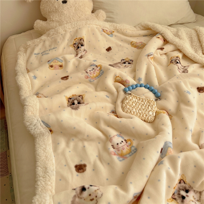 91家纺网 家纺一手货源 找家纺 葡萄家 2025新款A类ins小清新少女可爱奶油猫咪卡通加厚牛奶绒羊羔绒多功能毛毯毯子 绒毛毯-MT公主喵